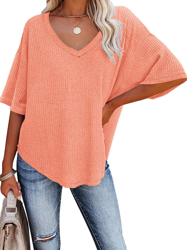 T-Shirts- Women's Waffle Knitted T-shirt - Short Sleeve V-neck Cotton Top- - Pekosa Women Clothing