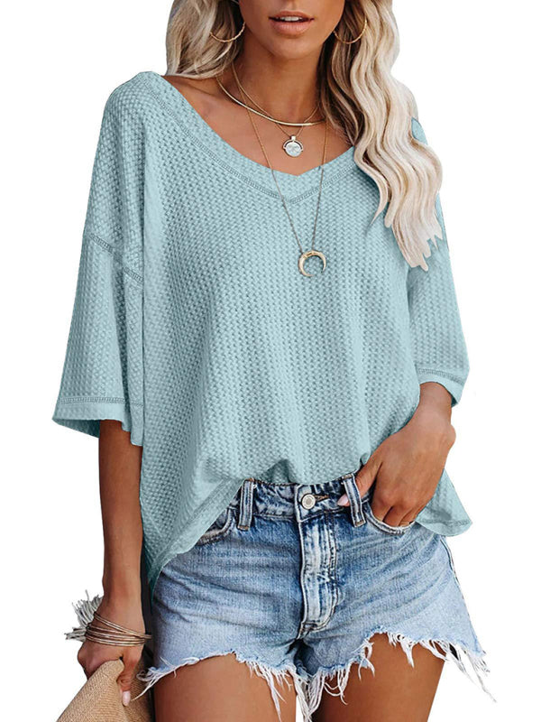 T-Shirts- Women's Waffle Knitted T-shirt - Short Sleeve V-neck Cotton Top- - Pekosa Women Clothing