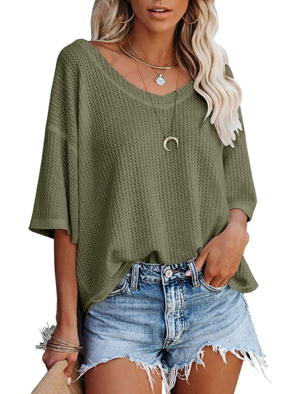 T-Shirts- Women's Waffle Knitted T-shirt - Short Sleeve V-neck Cotton Top- - Pekosa Women Clothing