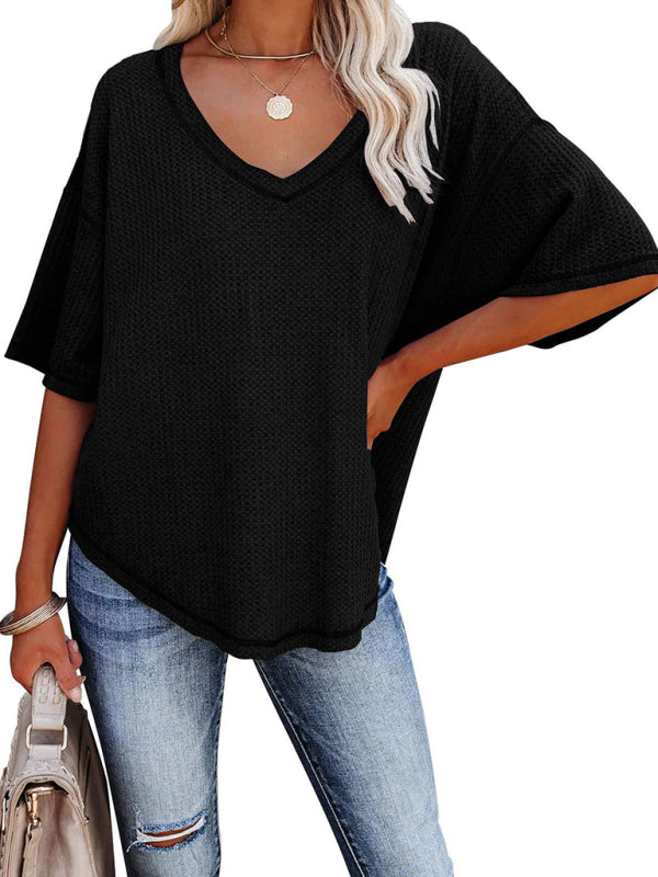 T-Shirts- Women's Waffle Knitted T-shirt - Short Sleeve V-neck Cotton Top- - Pekosa Women Clothing