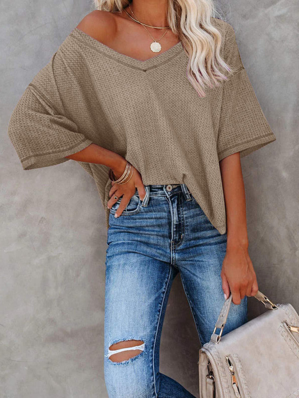 T-Shirts- Women's Waffle Knitted T-shirt - Short Sleeve V-neck Cotton Top- Khaki- Pekosa Women Clothing