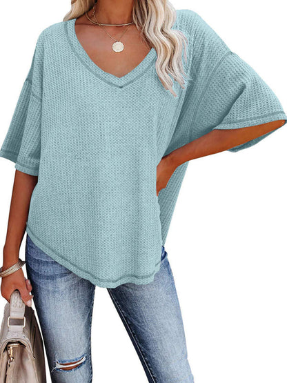 T-Shirts- Women's Waffle Knitted T-shirt - Short Sleeve V-neck Cotton Top- - Pekosa Women Clothing