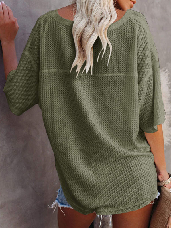 T-Shirts- Women's Waffle Knitted T-shirt - Short Sleeve V-neck Cotton Top- - Pekosa Women Clothing