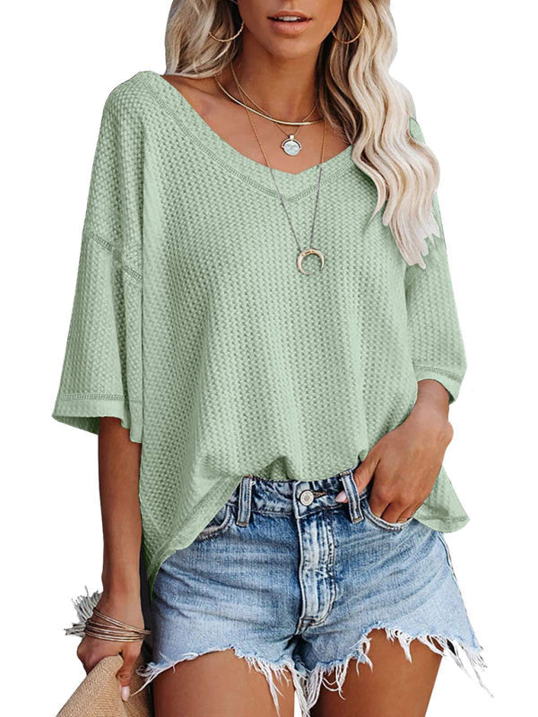 T-Shirts- Women's Waffle Knitted T-shirt - Short Sleeve V-neck Cotton Top- - Pekosa Women Clothing