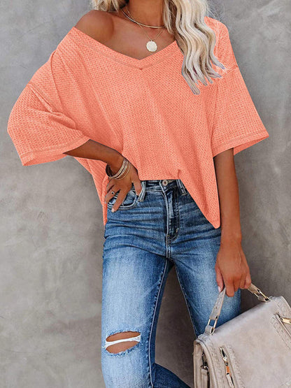 T-Shirts- Women's Waffle Knitted T-shirt - Short Sleeve V-neck Cotton Top- Orange- Pekosa Women Clothing