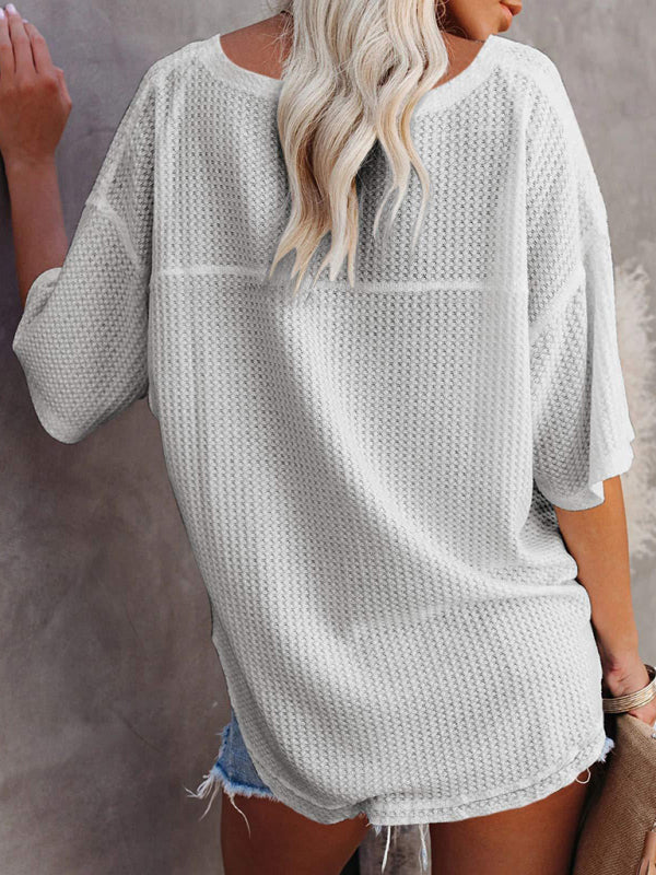 T-Shirts- Women's Waffle Knitted T-shirt - Short Sleeve V-neck Cotton Top- - Pekosa Women Clothing