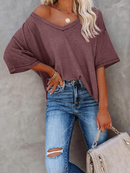 T-Shirts- Women's Waffle Knitted T-shirt - Short Sleeve V-neck Cotton Top- Brick red- Pekosa Women Clothing