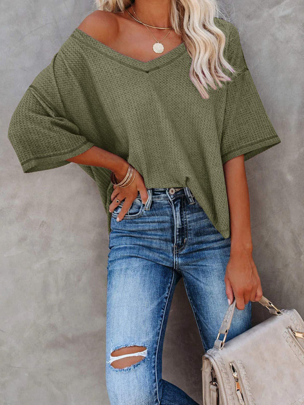T-Shirts- Women's Waffle Knitted T-shirt - Short Sleeve V-neck Cotton Top- Deep green- Pekosa Women Clothing