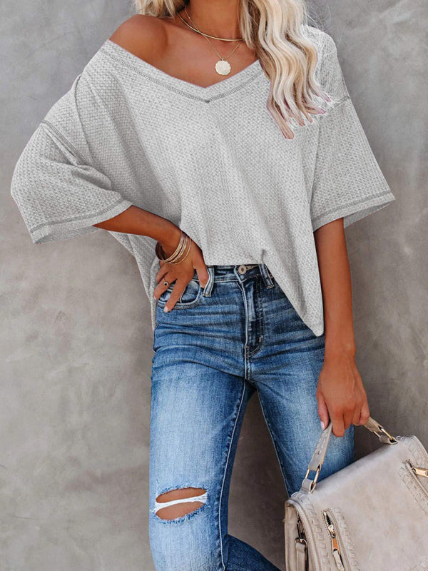 T-Shirts- Women's Waffle Knitted T-shirt - Short Sleeve V-neck Cotton Top- Misty grey- Pekosa Women Clothing