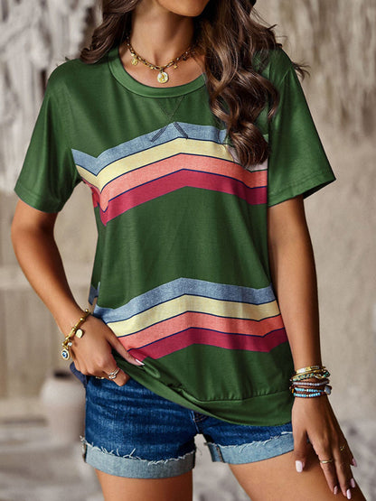 T-shirts- Rainbow Stripe Print Short Sleeve T-Shirt- Olive green- Pekosa Women Clothing