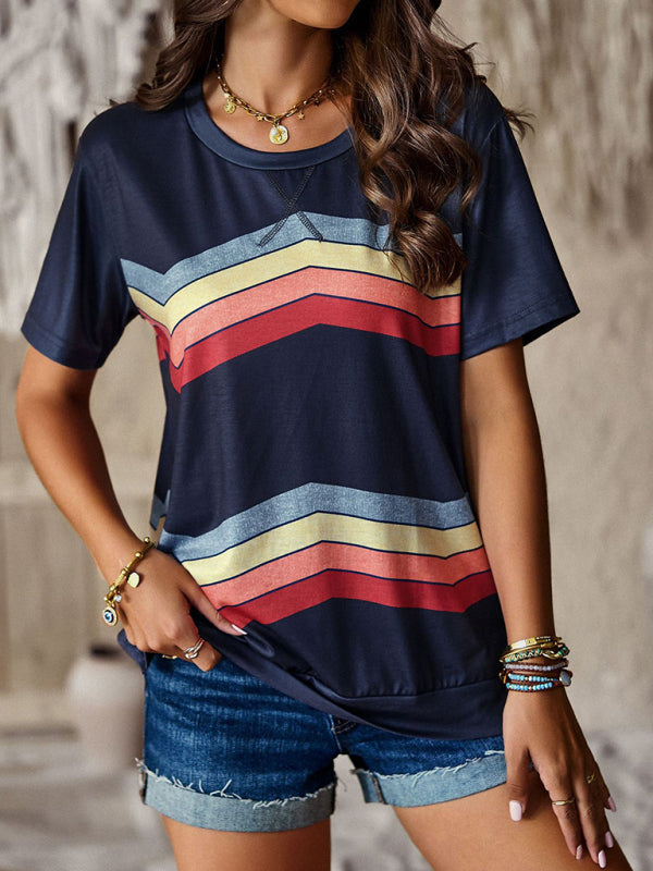 T-shirts- Rainbow Stripe Print Short Sleeve T-Shirt- - Pekosa Women Clothing