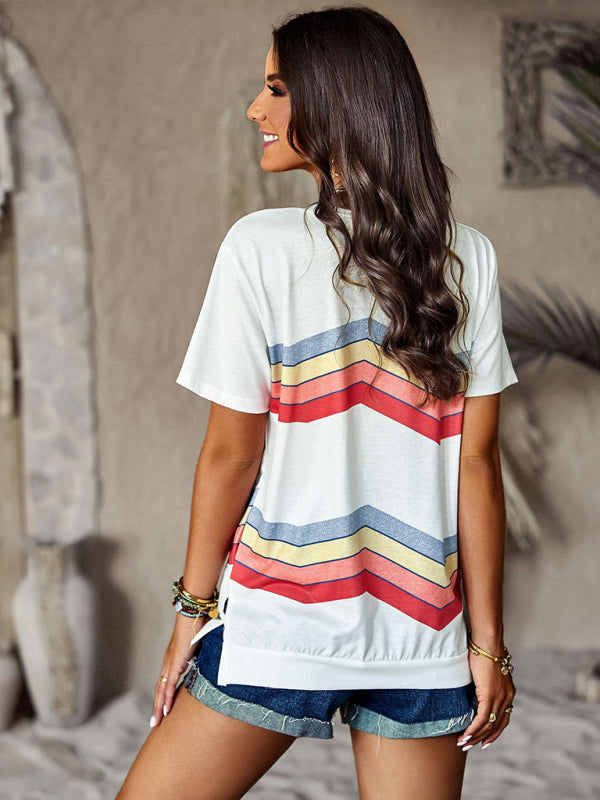T-shirts- Rainbow Stripe Print Short Sleeve T-Shirt- - Pekosa Women Clothing