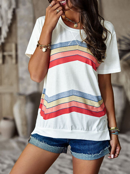 T-shirts- Rainbow Stripe Print Short Sleeve T-Shirt- - Pekosa Women Clothing
