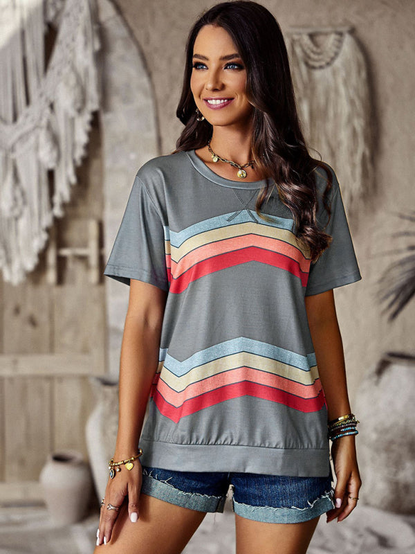 T-shirts- Rainbow Stripe Print Short Sleeve T-Shirt- - Pekosa Women Clothing