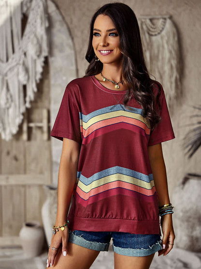 T-shirts- Rainbow Stripe Print Short Sleeve T-Shirt- - Pekosa Women Clothing
