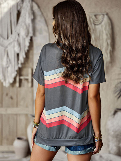 T-shirts- Rainbow Stripe Print Short Sleeve T-Shirt- - Pekosa Women Clothing