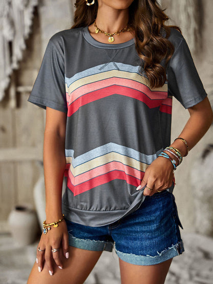 T-shirts- Rainbow Stripe Print Short Sleeve T-Shirt- - Pekosa Women Clothing