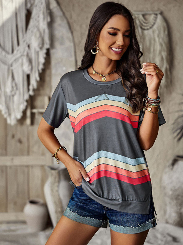 T-shirts- Rainbow Stripe Print Short Sleeve T-Shirt- - Pekosa Women Clothing