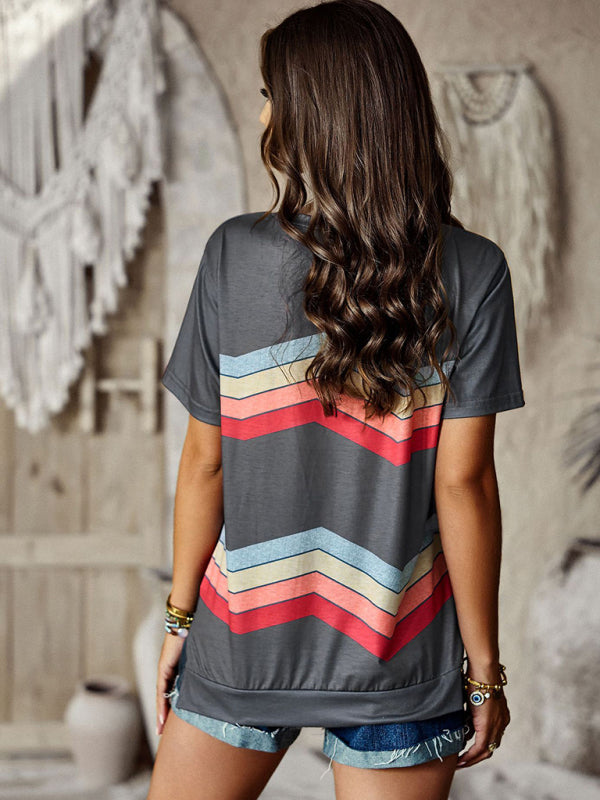 T-shirts- Rainbow Stripe Print Short Sleeve T-Shirt- - Pekosa Women Clothing