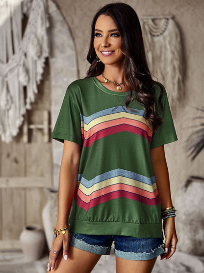 T-shirts- Rainbow Stripe Print Short Sleeve T-Shirt- - Pekosa Women Clothing