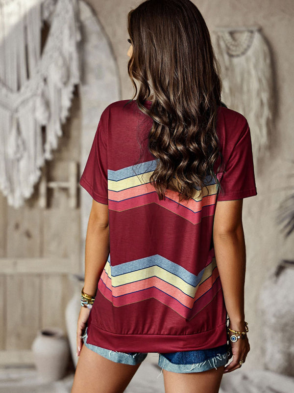 T-shirts- Rainbow Stripe Print Short Sleeve T-Shirt- - Pekosa Women Clothing