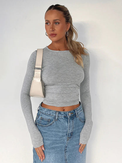T-shirts- Solid Slim Fit Long Sleeve T-Shirt Blouse- - Pekosa Women Clothing