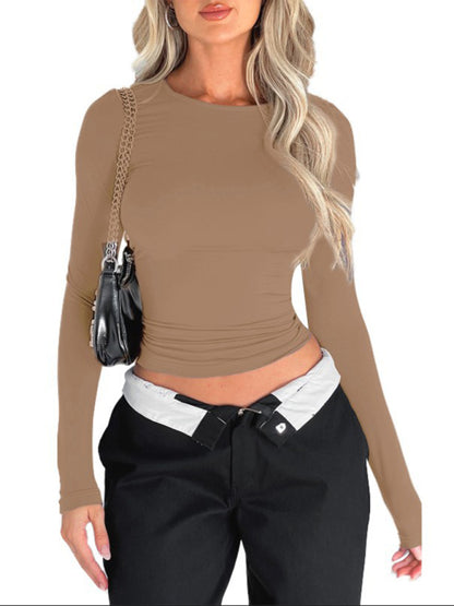 T-shirts- Solid Slim Fit Long Sleeve T-Shirt Blouse- Khaki- Pekosa Women Clothing