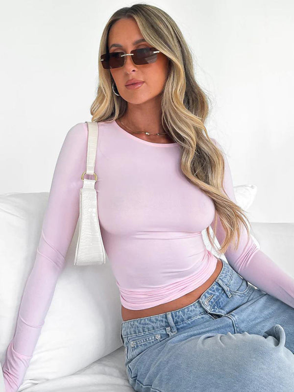 T-shirts- Solid Slim Fit Long Sleeve T-Shirt Blouse- - Pekosa Women Clothing