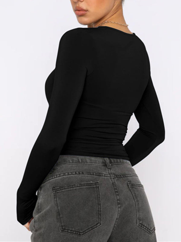 T-shirts- Solid Slim Fit Long Sleeve T-Shirt Blouse- - Pekosa Women Clothing