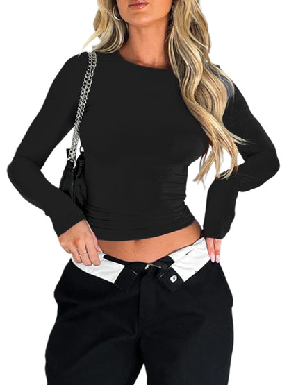 T-shirts- Solid Slim Fit Long Sleeve T-Shirt Blouse- - Pekosa Women Clothing