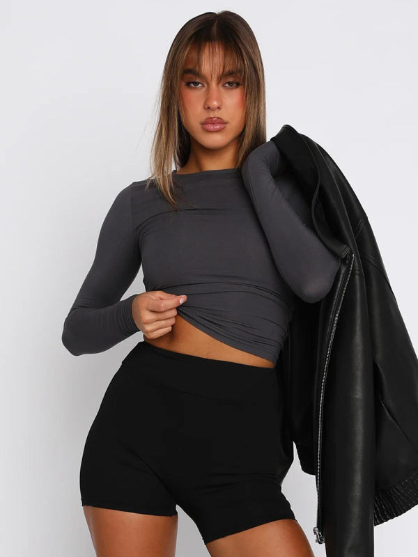 T-shirts- Solid Slim Fit Long Sleeve T-Shirt Blouse- - Pekosa Women Clothing