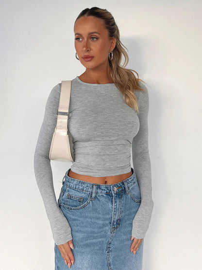 T-shirts- Solid Slim Fit Long Sleeve T-Shirt Blouse- Misty grey- Pekosa Women Clothing