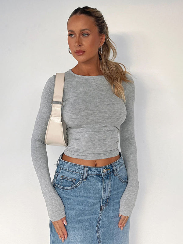 T-shirts- Solid Slim Fit Long Sleeve T-Shirt Blouse- - Pekosa Women Clothing