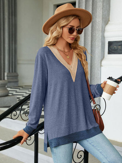 T-shirts - Tunics- Lace Trim V-Neck Tee - Shadow Design Top- - Pekosa Women Clothing