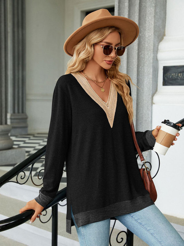 T-shirts - Tunics- Lace Trim V-Neck Tee - Shadow Design Top- - Pekosa Women Clothing