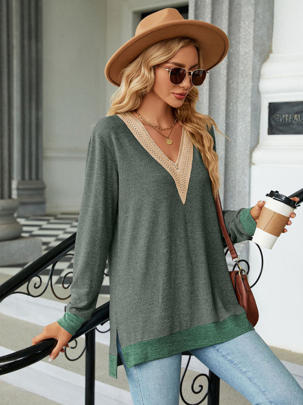 T-shirts - Tunics- Lace Trim V-Neck Tee - Shadow Design Top- - Pekosa Women Clothing