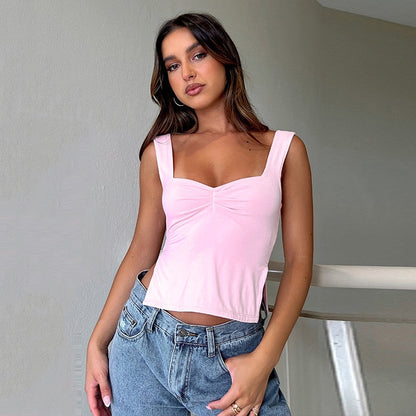 Tank Tops- High Slit Gathered Front Tank Top- - Pekosa Women Clothing