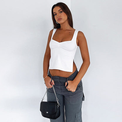 Tank Tops- High Slit Gathered Front Tank Top- - Pekosa Women Clothing