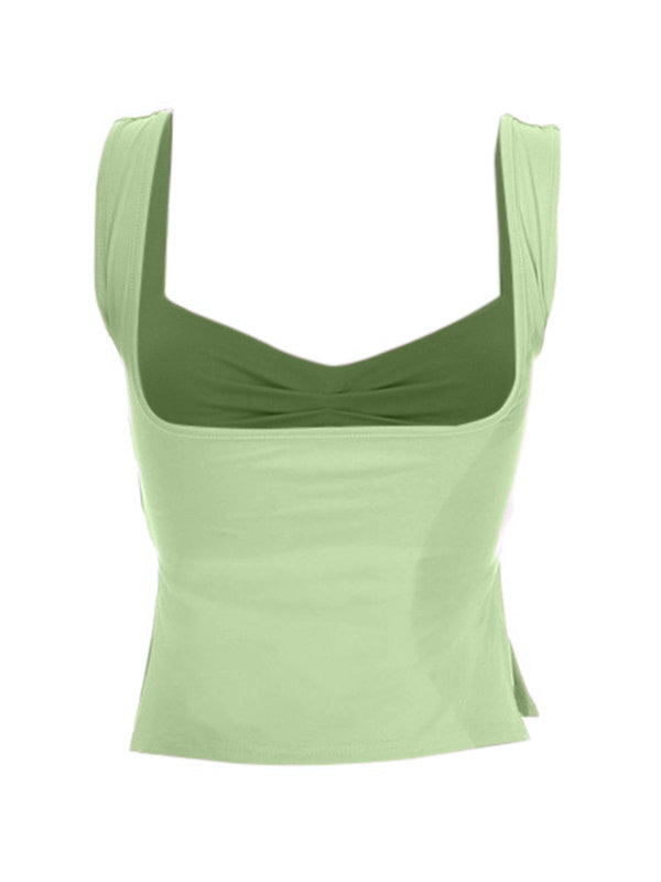 Tank Tops- High Slit Gathered Front Tank Top- - Pekosa Women Clothing