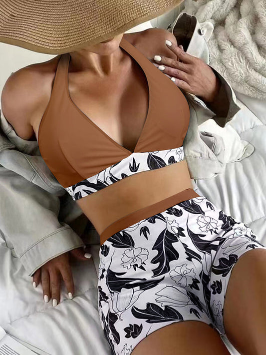 Tankini Set- Tropical Romance: Two Piece Tankini Set for a Dreamy Summer- Brown- Pekosa Women Clothing