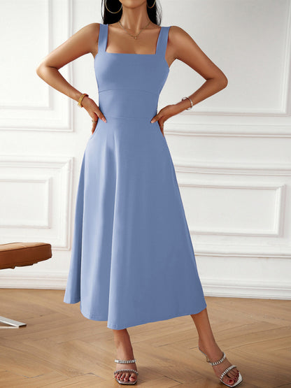 Tea Dresses- Solid Lace-Up Back Square Fit and Flare Tea Dress- Blue- Pekosa Women Clothing