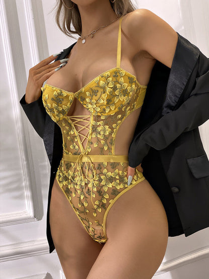 Teddies- Mesh Cutout Lace-Up Bodysuit - Mesh in Teddy Lingerie- - Pekosa Women Clothing