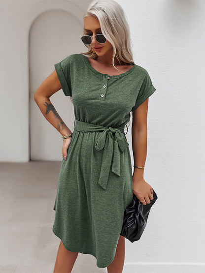 Tee Dresses- Belted Solid Tee Dress with Short Sleeves for Everyday Wear- Green- Pekosa Women Clothing