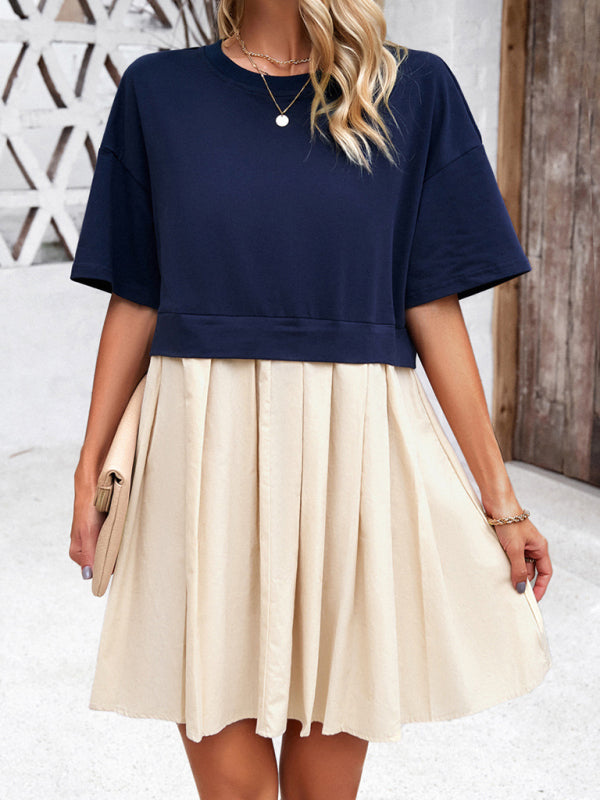Tee Dresses- Short Sleeve Colorblock A-Line Tee Dress- - Pekosa Women Clothing