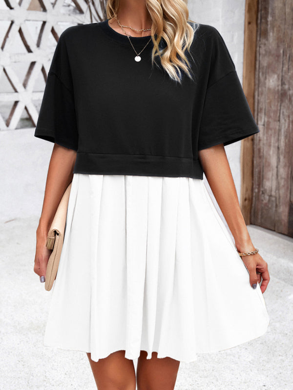 Tee Dresses- Short Sleeve Colorblock A-Line Tee Dress- White- Pekosa Women Clothing