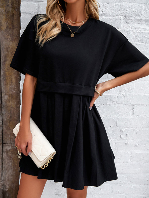 Tee Dresses- Short Sleeve Colorblock A-Line Tee Dress- Black- Pekosa Women Clothing
