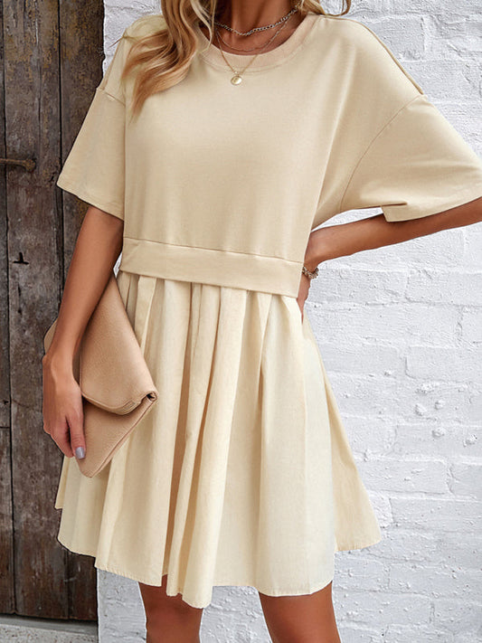 Tee Dresses- Short Sleeve Colorblock A-Line Tee Dress- Cracker khaki- Pekosa Women Clothing
