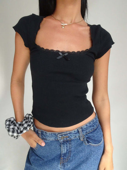 Tees- Lace-Trimmed Square Neck Tee | Rib-Knit Short Sleeve Top- Black- Pekosa Women Clothing