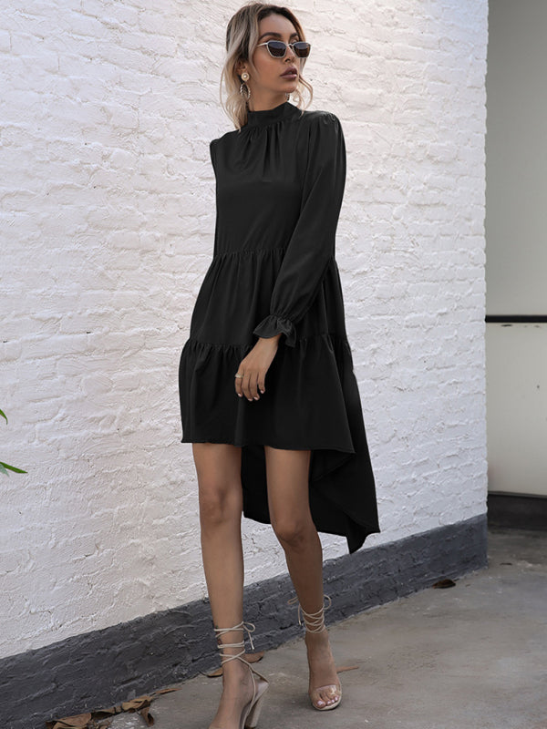 Tiered Dresses- Autumn Solid Tiered High-Neck Mini Dress with Tail- - Pekosa Women Clothing