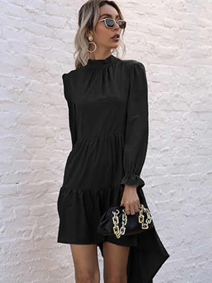 Tiered Dresses- Autumn Solid Tiered High-Neck Mini Dress with Tail- - Pekosa Women Clothing